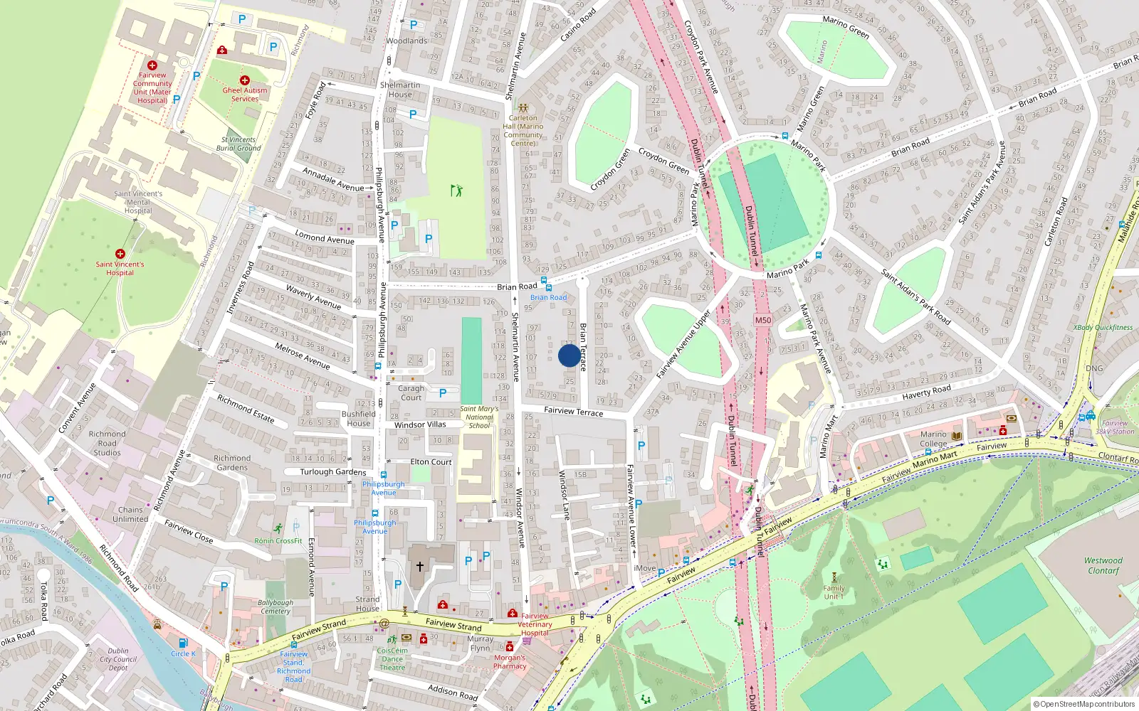 Overhead map showing the location of 17 Brian Terrace, Fairview, Dublin 3