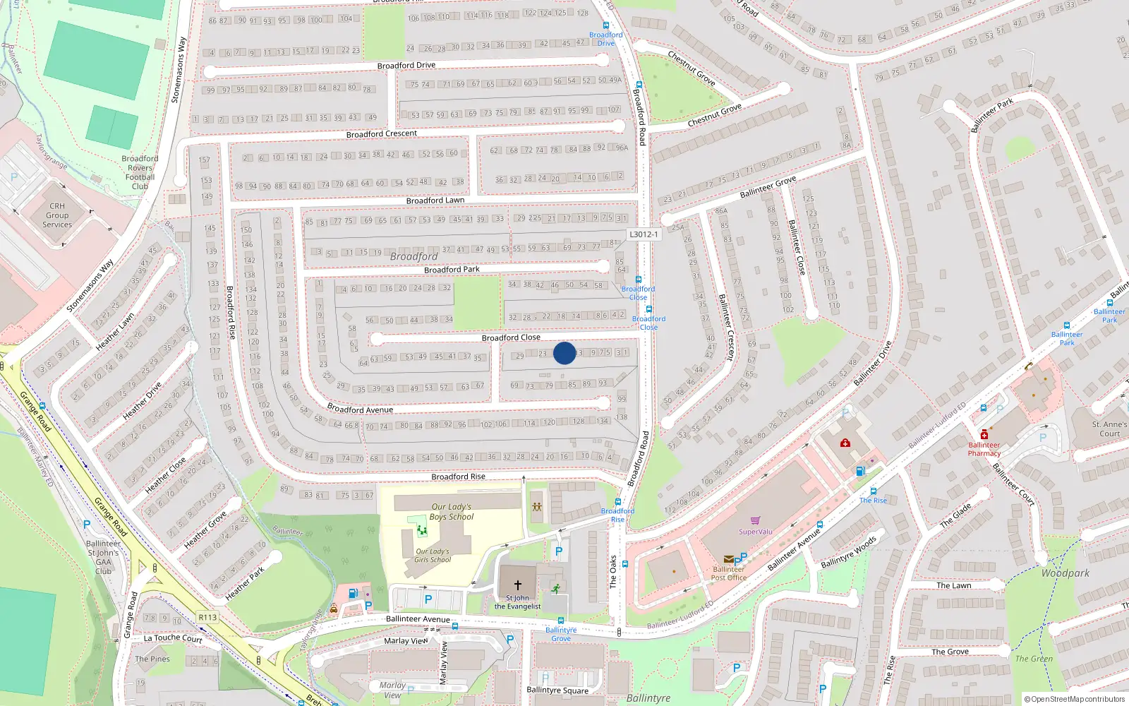 Overhead map showing the location of 17 Broadford Close, Dublin 16