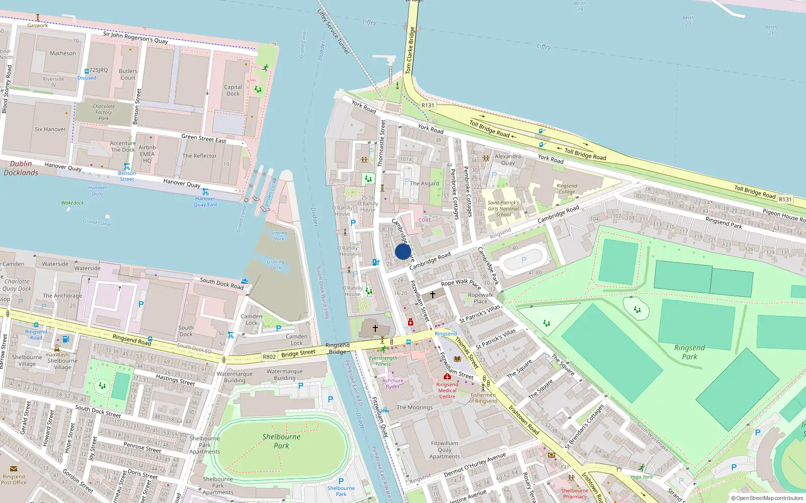 Overhead map showing the location of 17 Cambridge Square, Ringsend