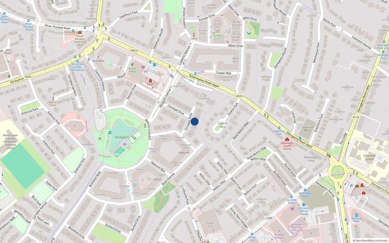 Overhead map showing the location of 17 Carnegie Drive, Dun Laoghaire