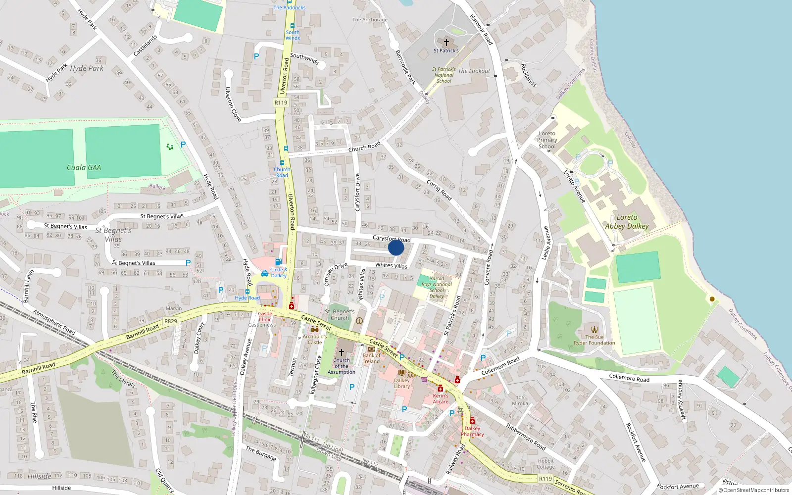 Overhead map showing the location of 17 Carysfort Road, Dalkey