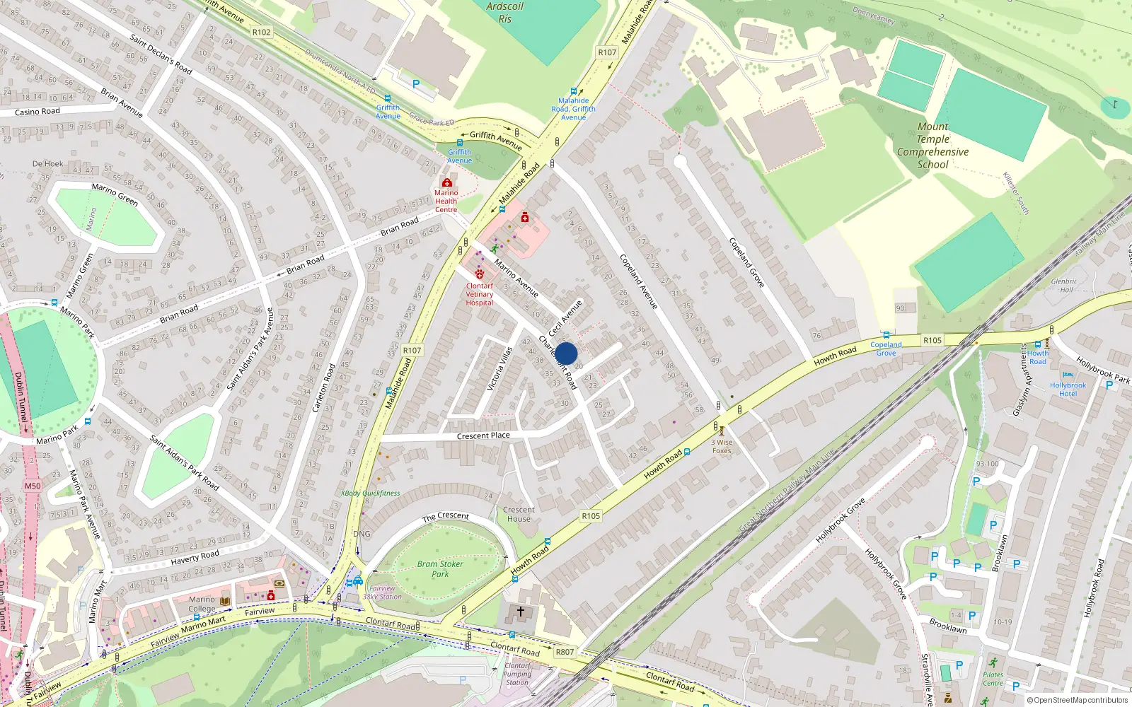 Overhead map showing the location of 17 Charlemont Road, Clontarf, Dublin 3
