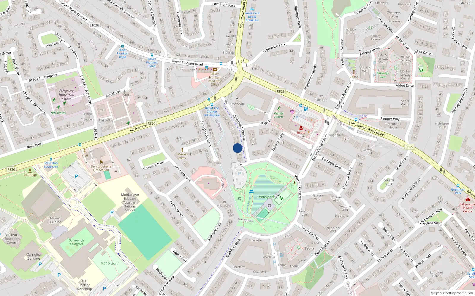Overhead map showing the location of 17 Claremont Avenue, Dun Laoghaire