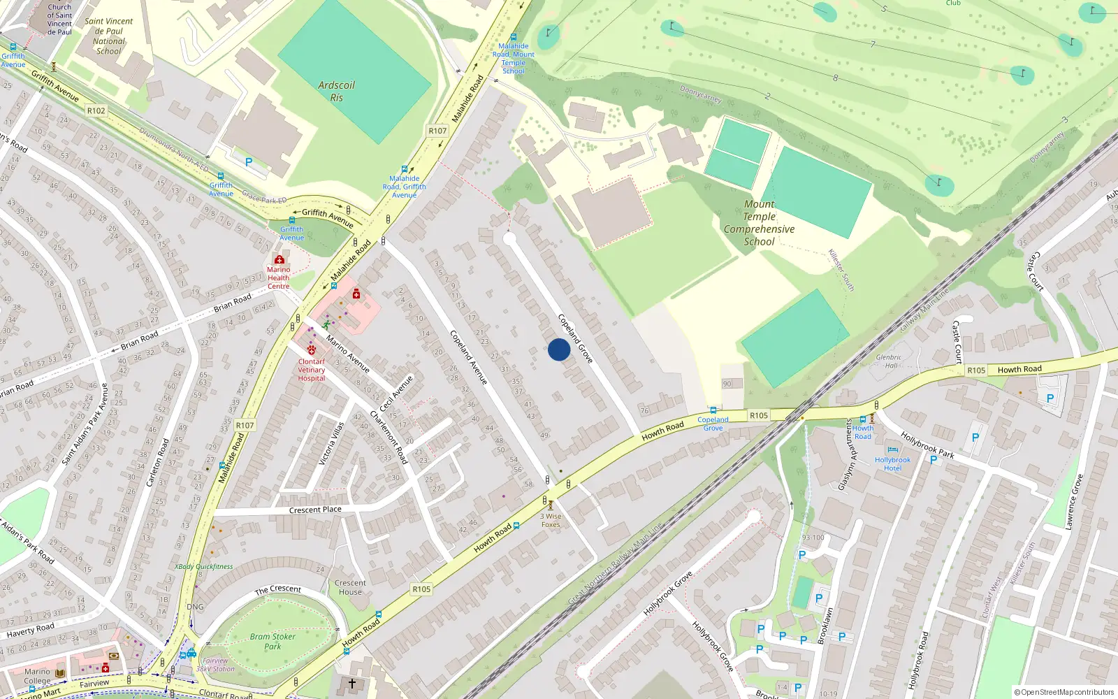 Overhead map showing the location of 17 Copeland Grove, Clontarf, Dublin 3