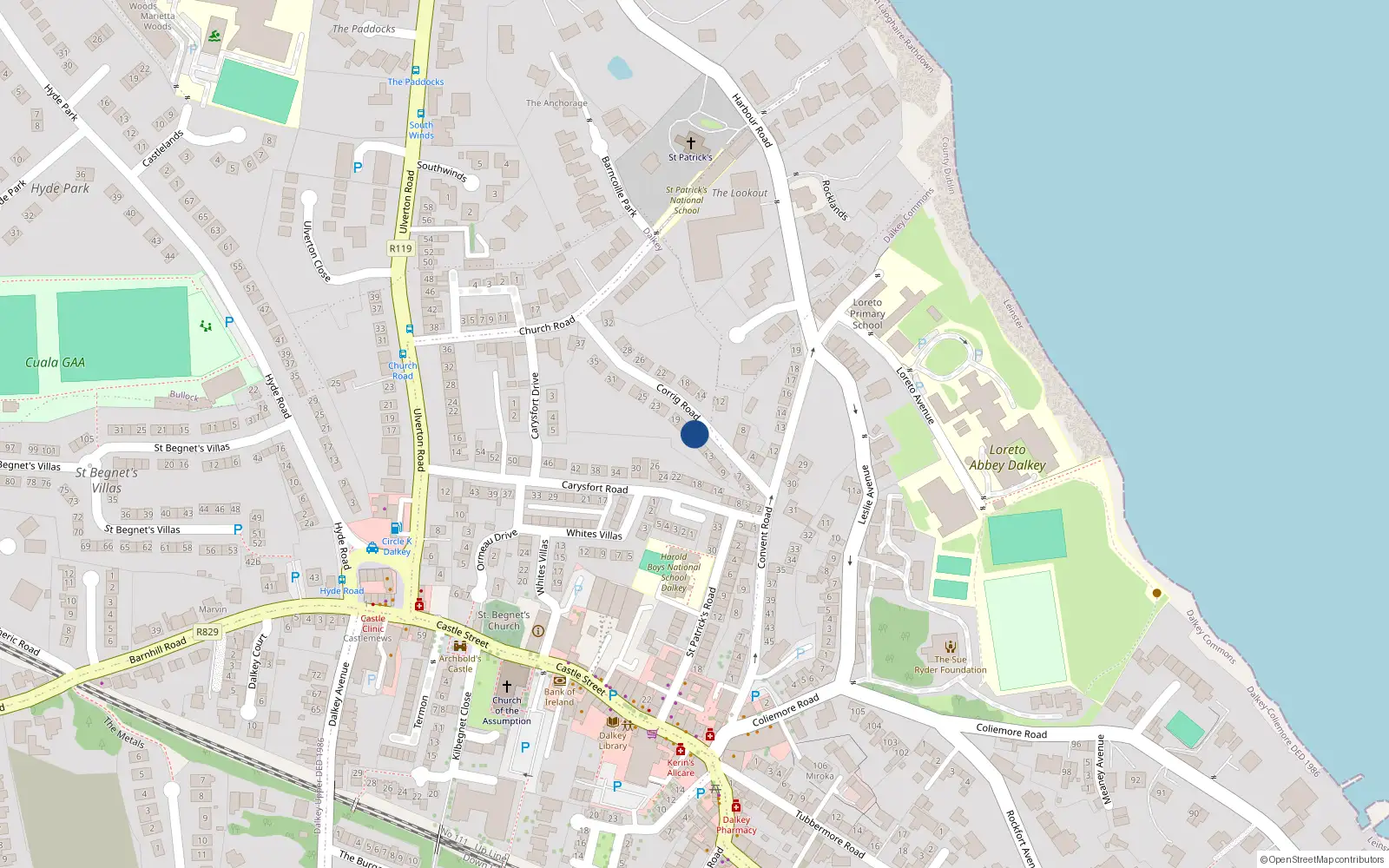 Overhead map showing the location of 17 Corrig Road, Dalkey