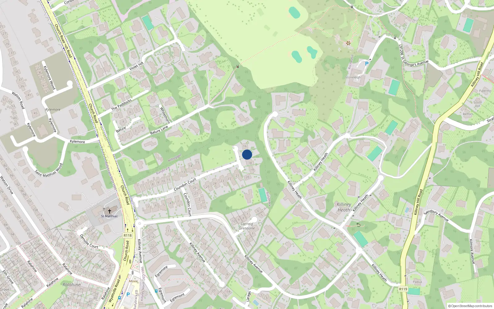 Overhead map showing the location of 17 Coundon Court, Killiney