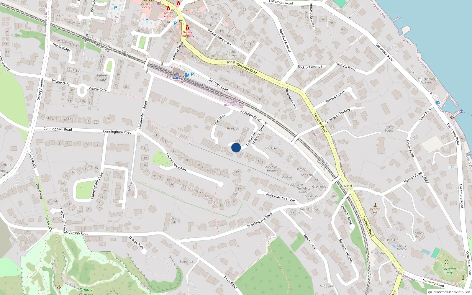 Overhead map showing the location of 17 Craiglands, Dalkey