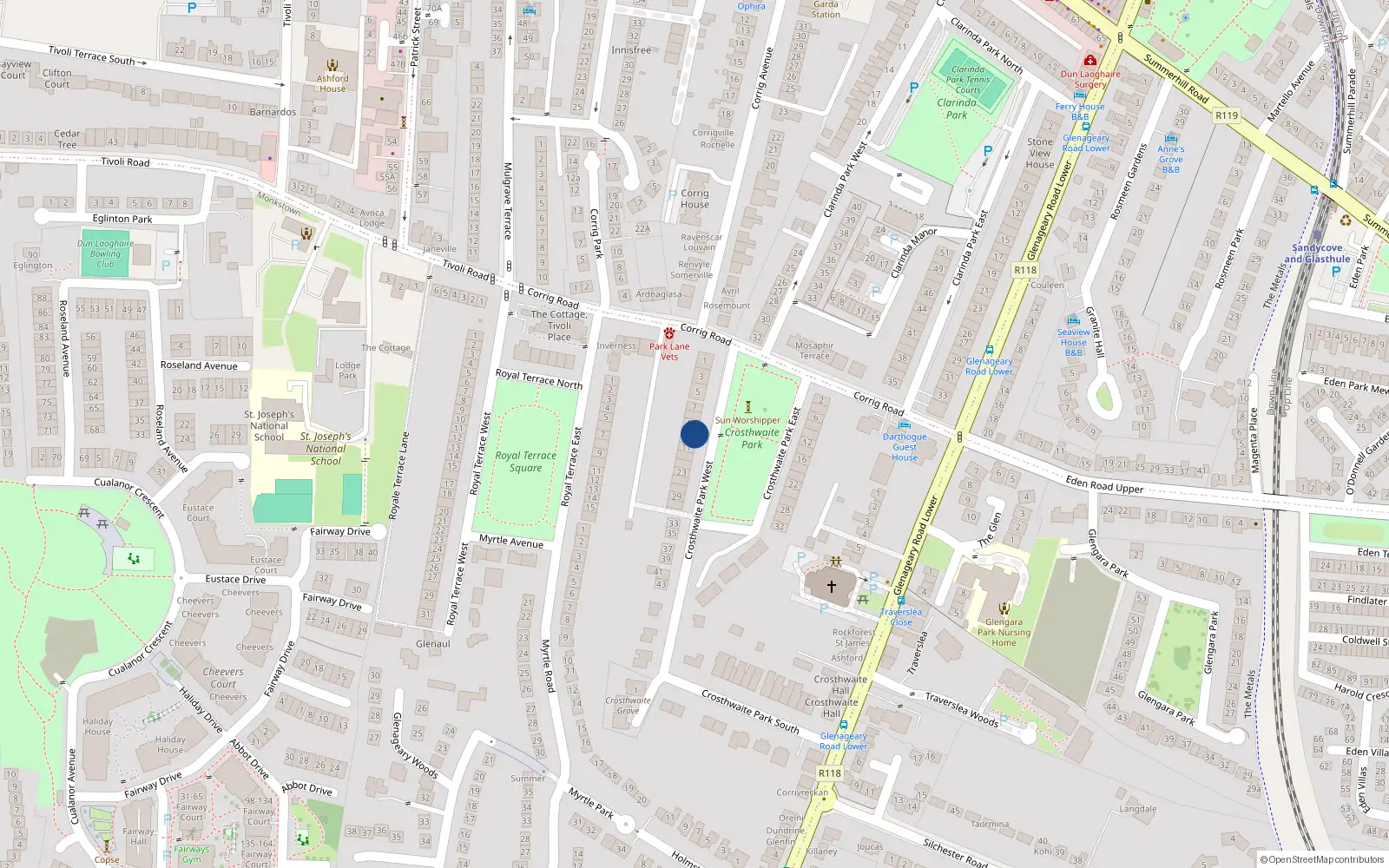 Overhead map showing the location of 17 Crosswaite Park West, Dun Laoghaire, Co Dublin