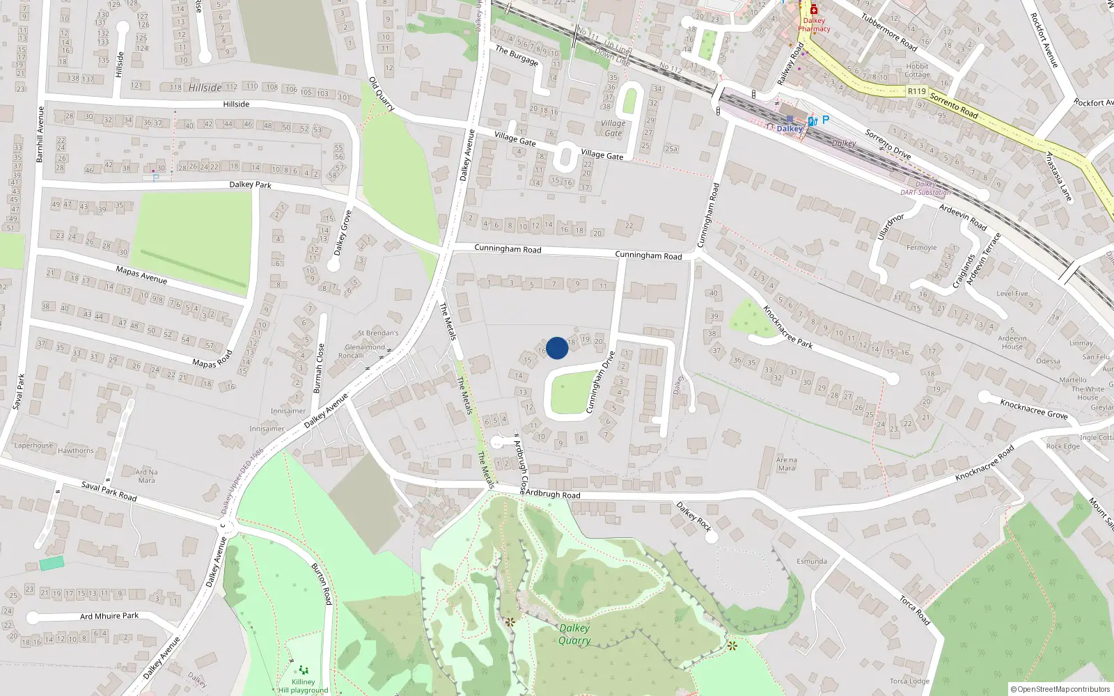 Overhead map showing the location of 17 Cunningham Drive, Dalkey, Dublin