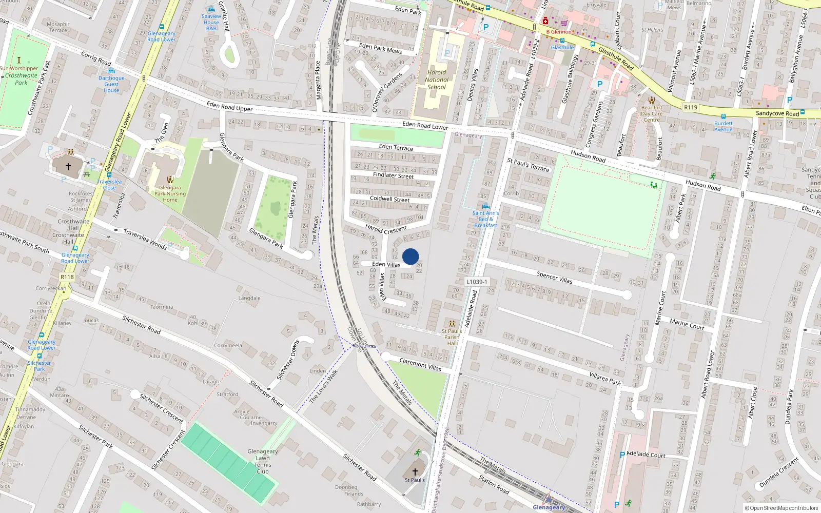 Overhead map showing the location of 17 Eden Villas, Glasthule, Dublin