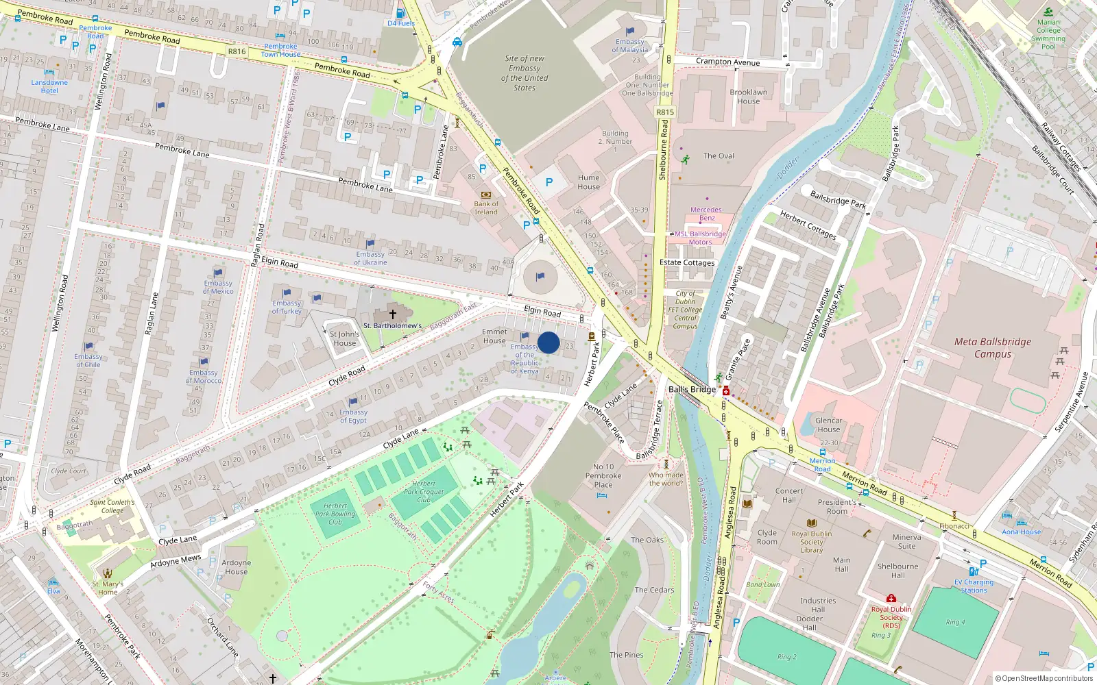 Overhead map showing the location of 17 Elgin Road, Dublin 4