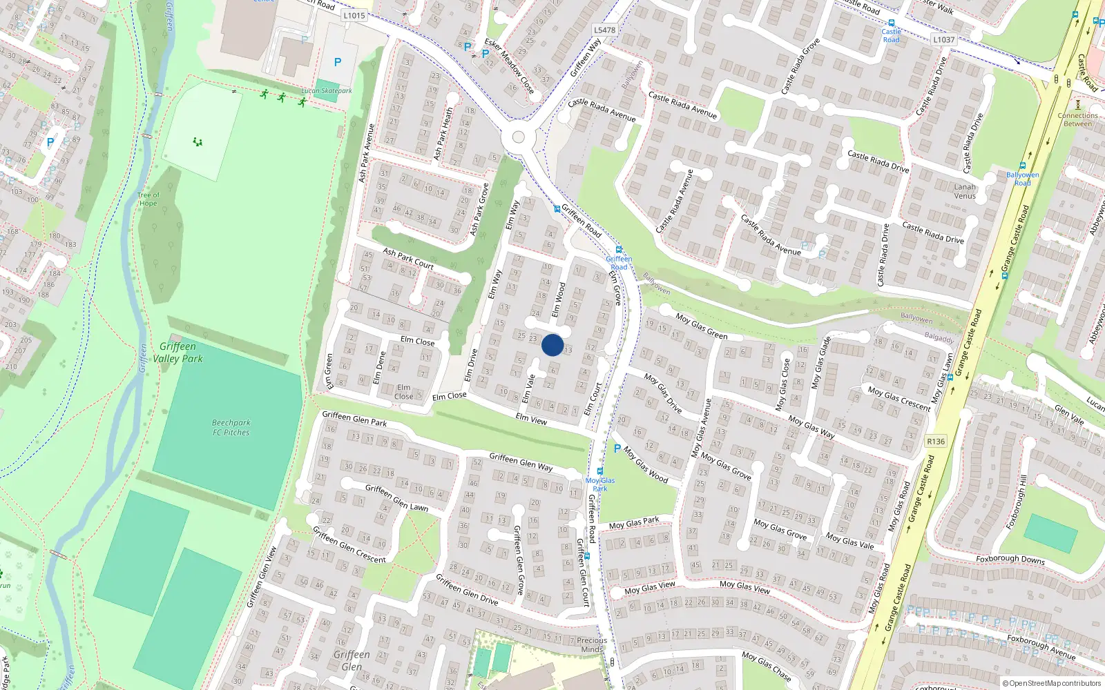 Overhead map showing the location of 17 Elm Wood, Lucan