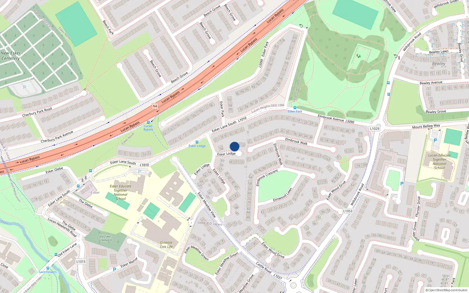 Overhead map showing the location of 17 Esker Lodge, Esker Lane, Lucan