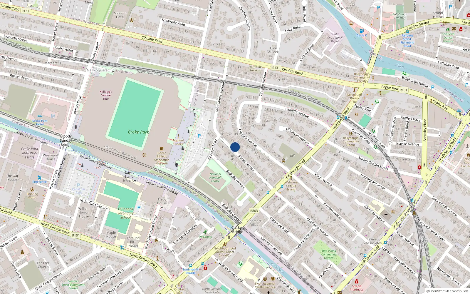 Overhead map showing the location of 17 Foster Terrace, Ballybough, Dublin 3