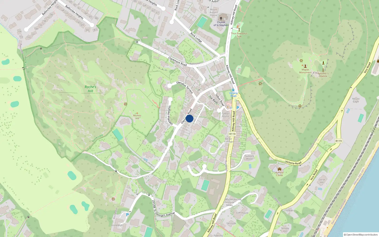 Overhead map showing the location of 17 Glenalua Road, Killiney