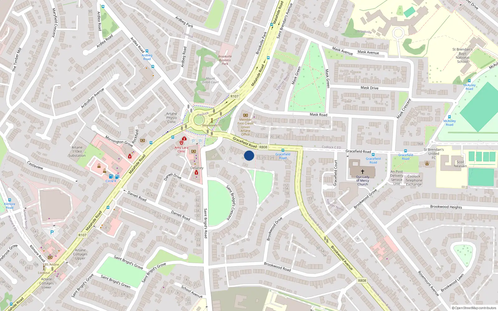Overhead map showing the location of 17 Gracefield Road, Dublin 5