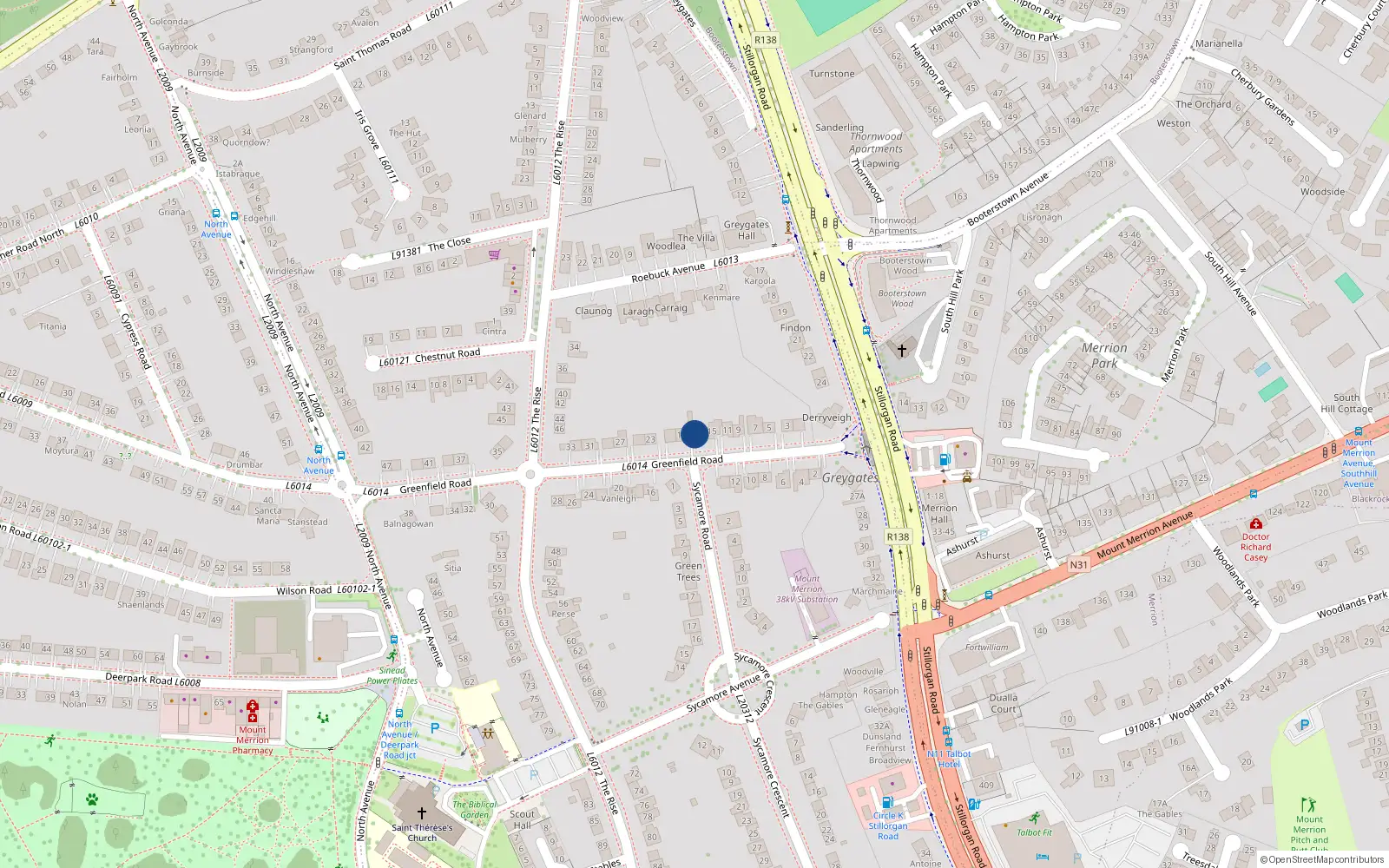 Overhead map showing the location of 17 Greenfield Road, Blackrock