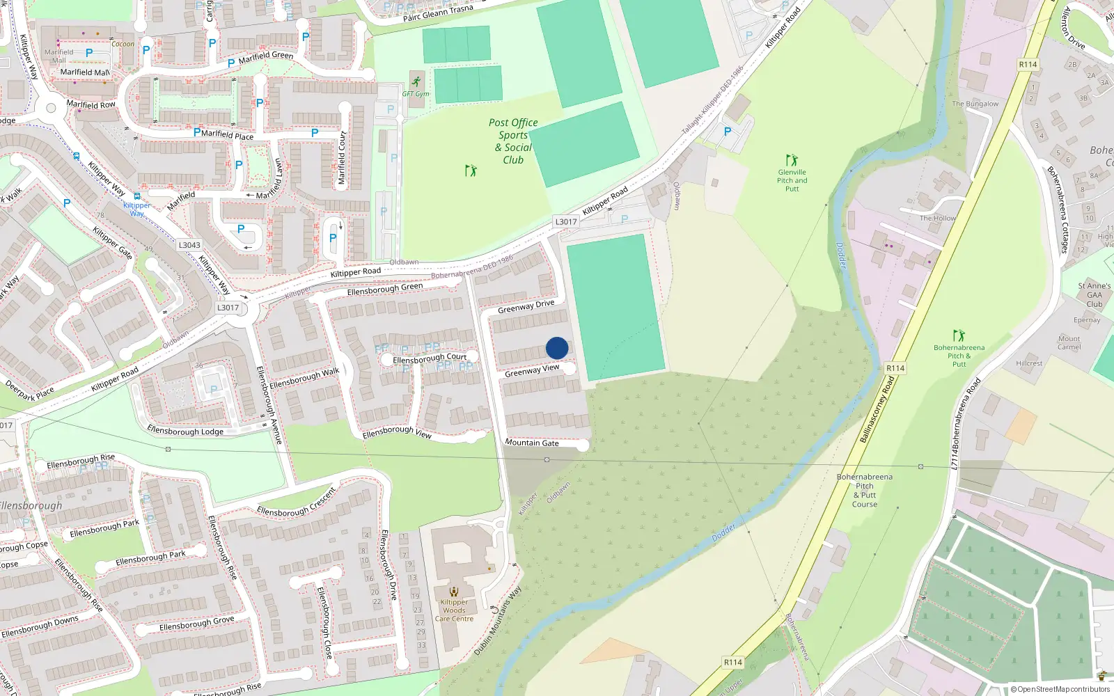 Overhead map showing the location of 17 Greenway View, Kiltipper