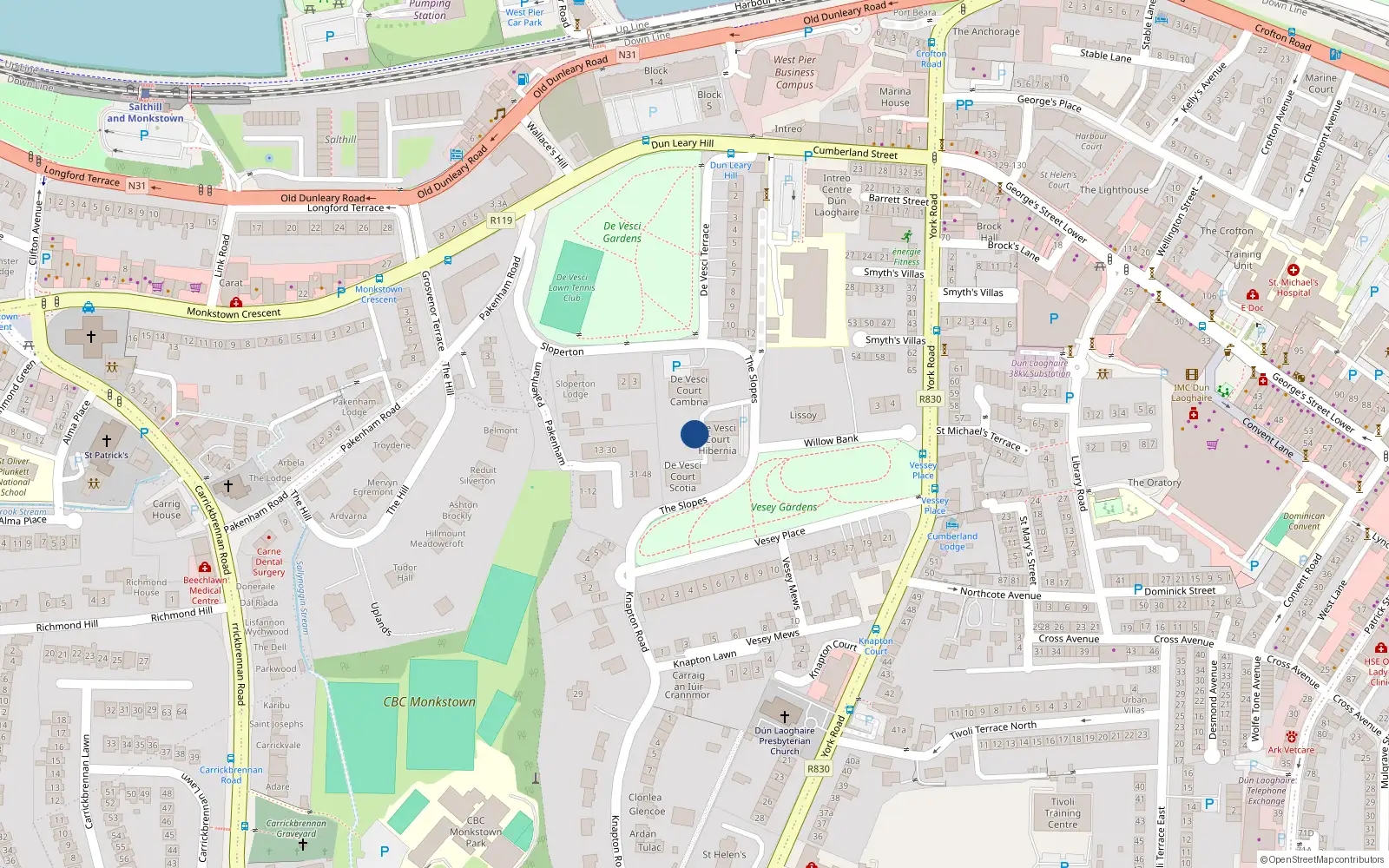 Overhead map showing the location of 17 Hibernia Court, De Vesci Court, Monkstown