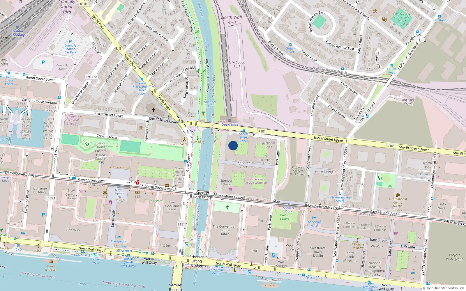 Overhead map showing the location of 17 Hill of Down House, Spencer Dock, Wall Quay North Dublin 1