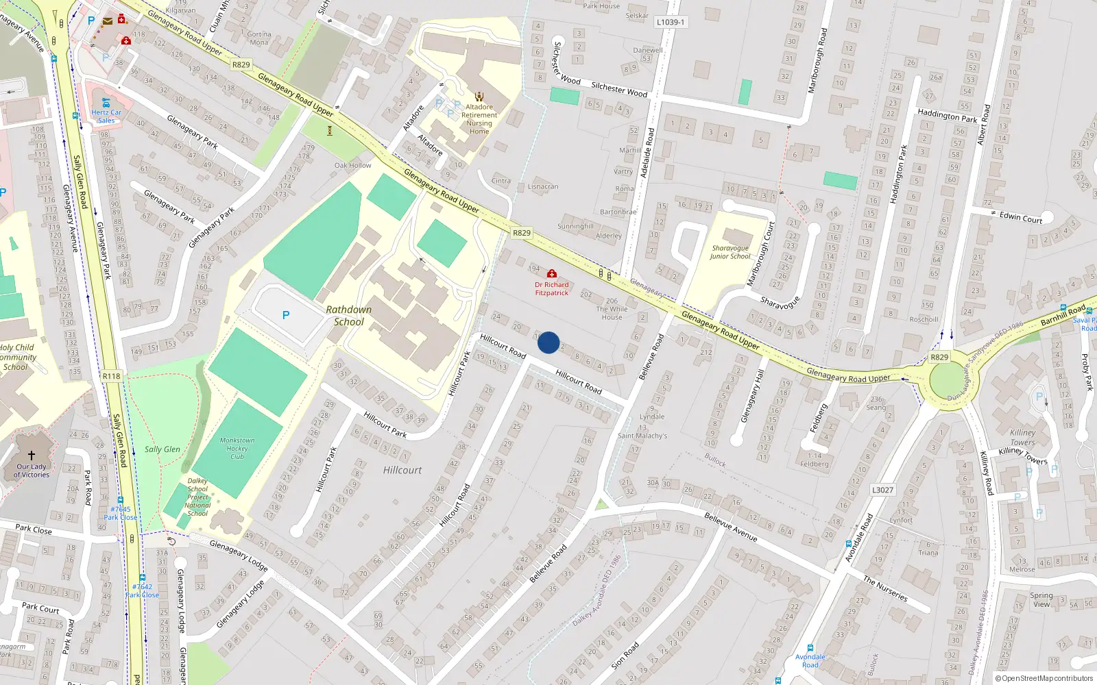 Overhead map showing the location of 17 Hillcourt Road, Dublin