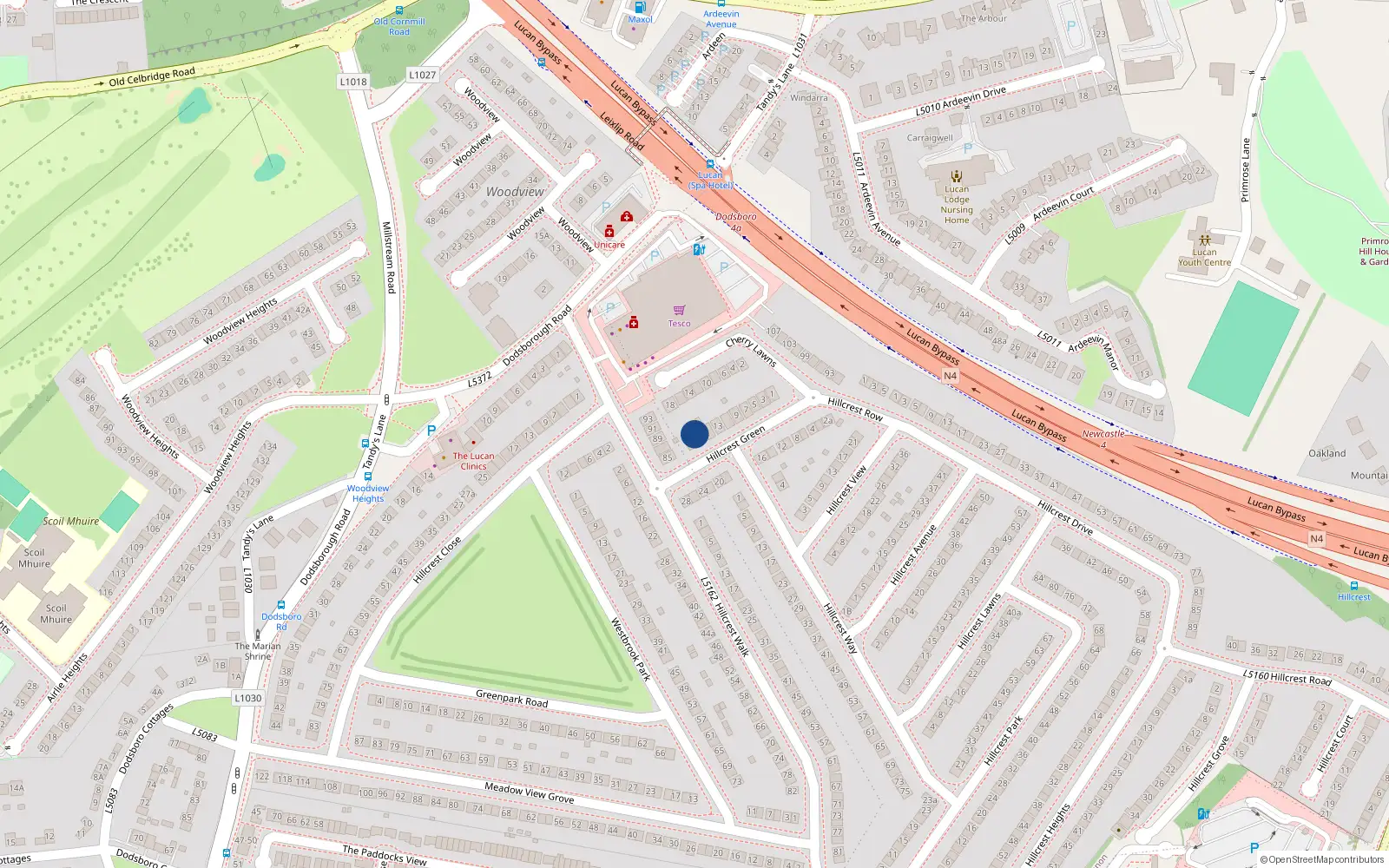 Overhead map showing the location of 17 Hillcrest Green, Lucan