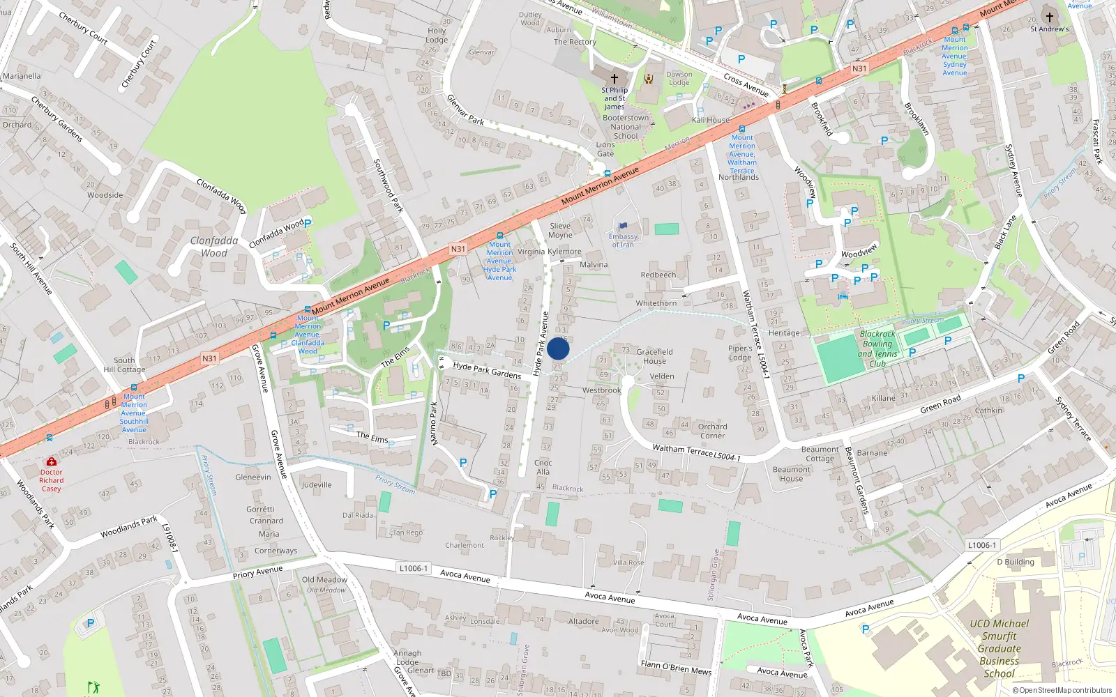 Overhead map showing the location of 17 Hyde Park Avenue, Blackrock, Co Dublin