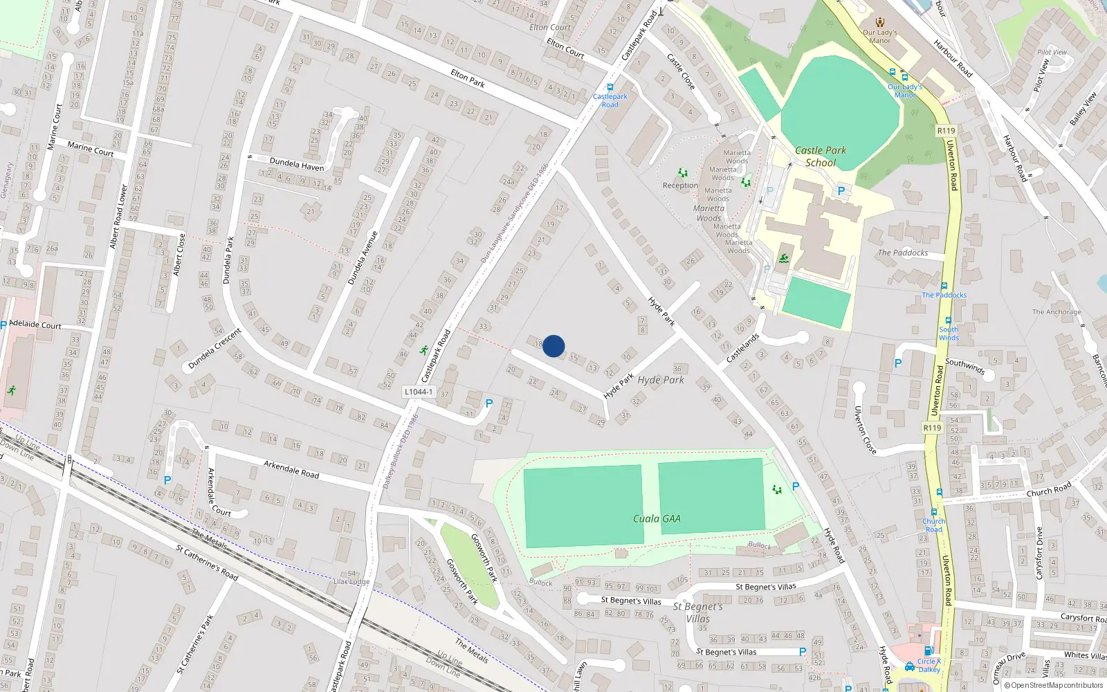 Overhead map showing the location of 17 Hyde Park, Dalkey