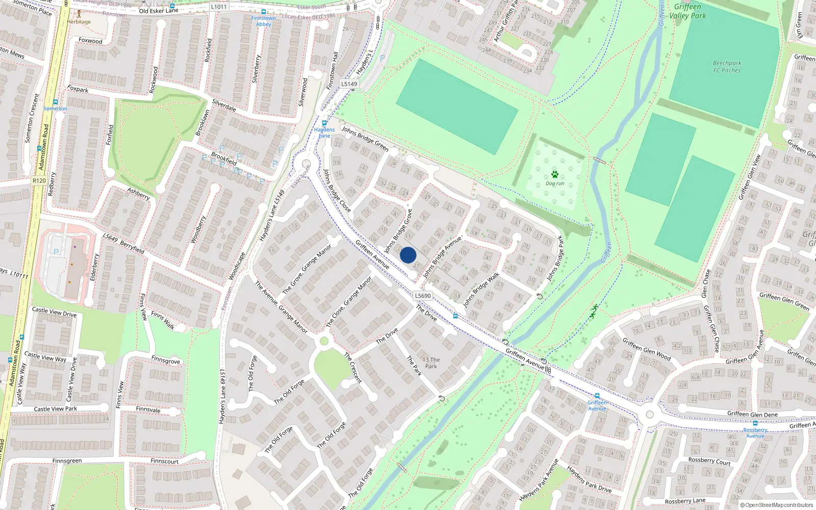 Overhead map showing the location of 17 Johnsbridge Grove, Lucan