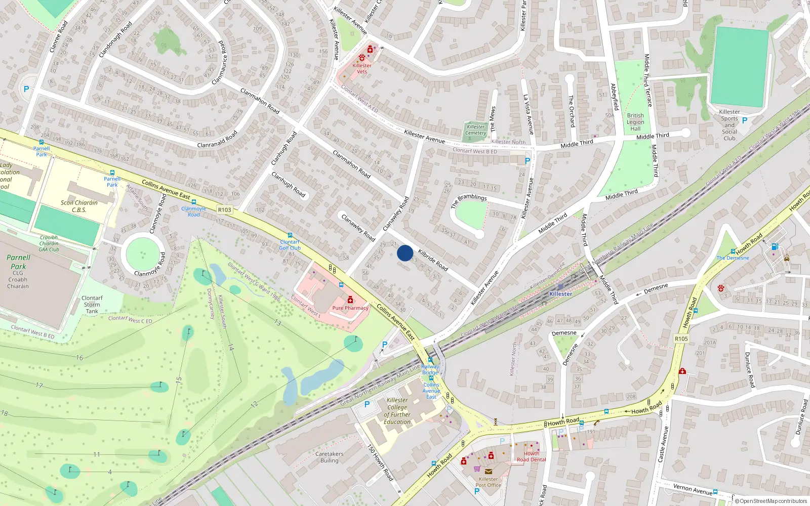 Overhead map showing the location of 17 Kilbride Road, Dublin 5