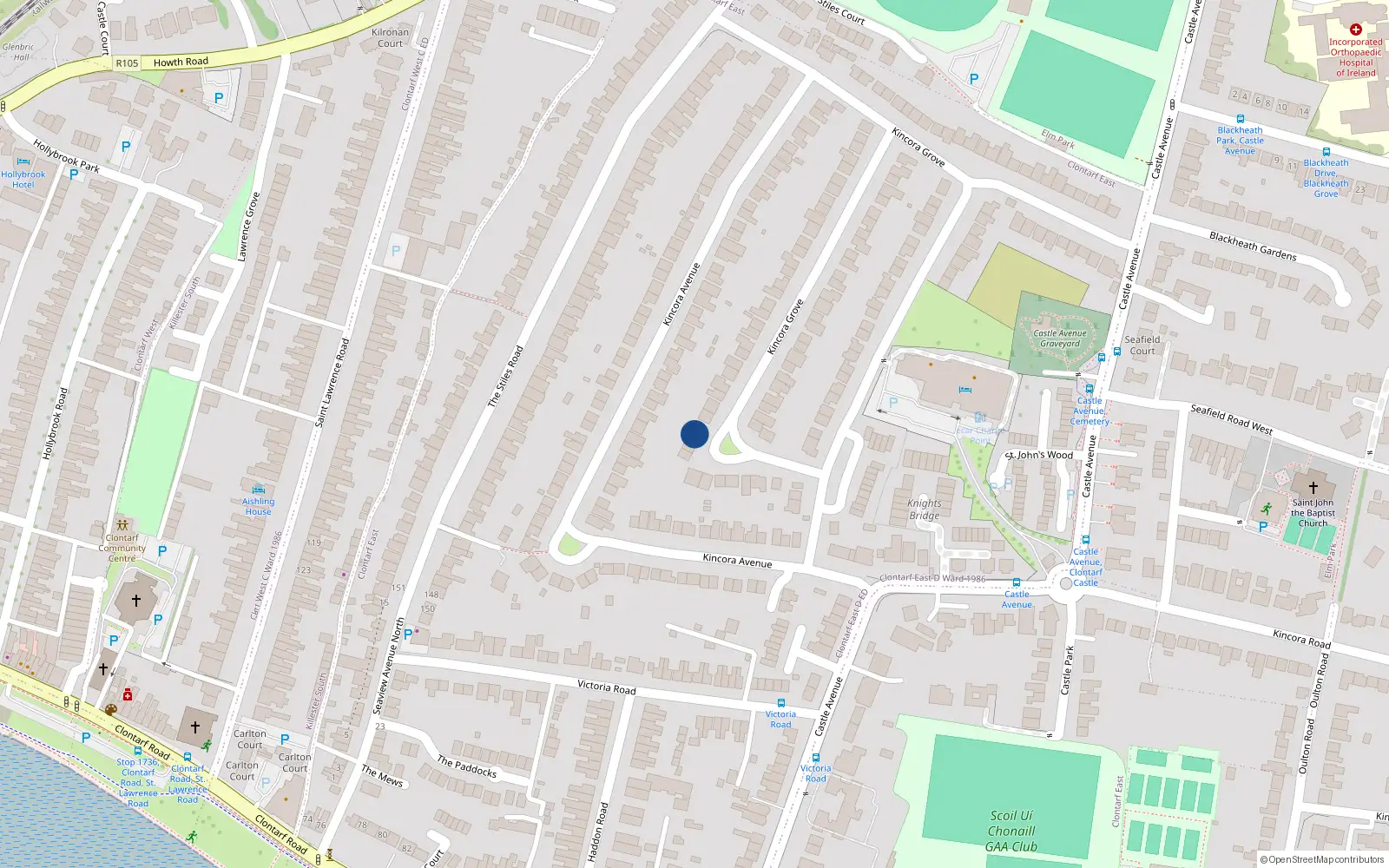 Overhead map showing the location of 17 Kincora Drive, Dublin 3