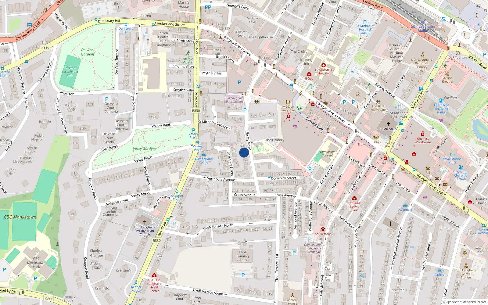 Overhead map showing the location of 17 Library Road, Dublin