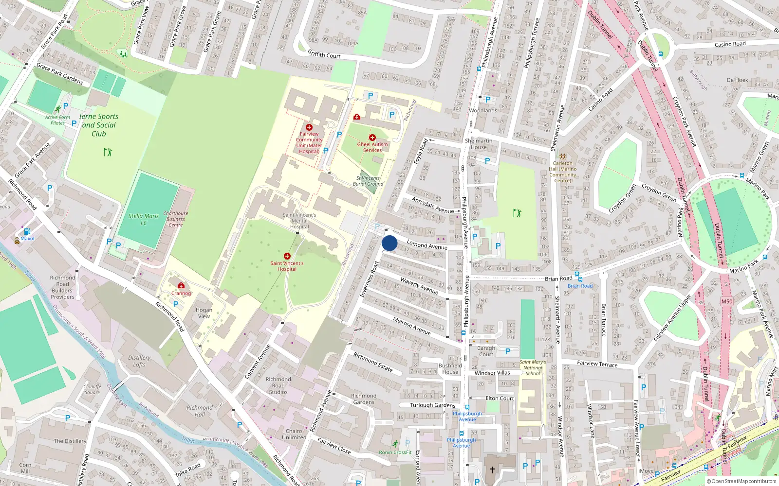 Overhead map showing the location of 17 Lomond Avenue, Fairview, Dublin 3