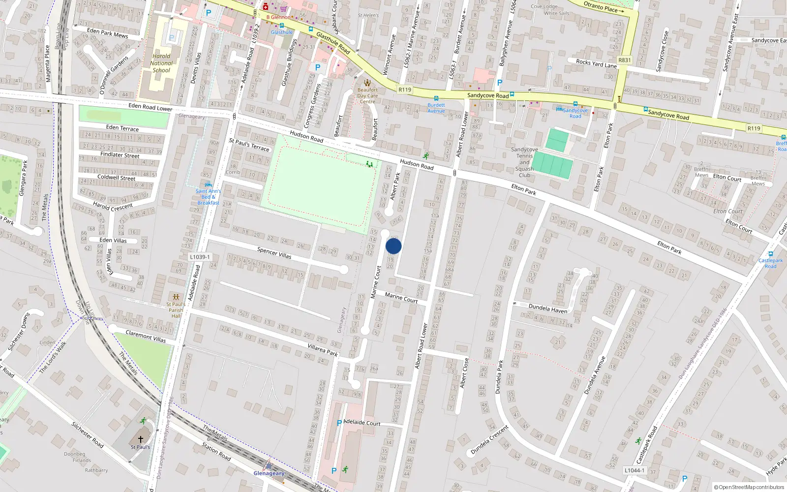 Overhead map showing the location of 17 Marine Court, Sandycove