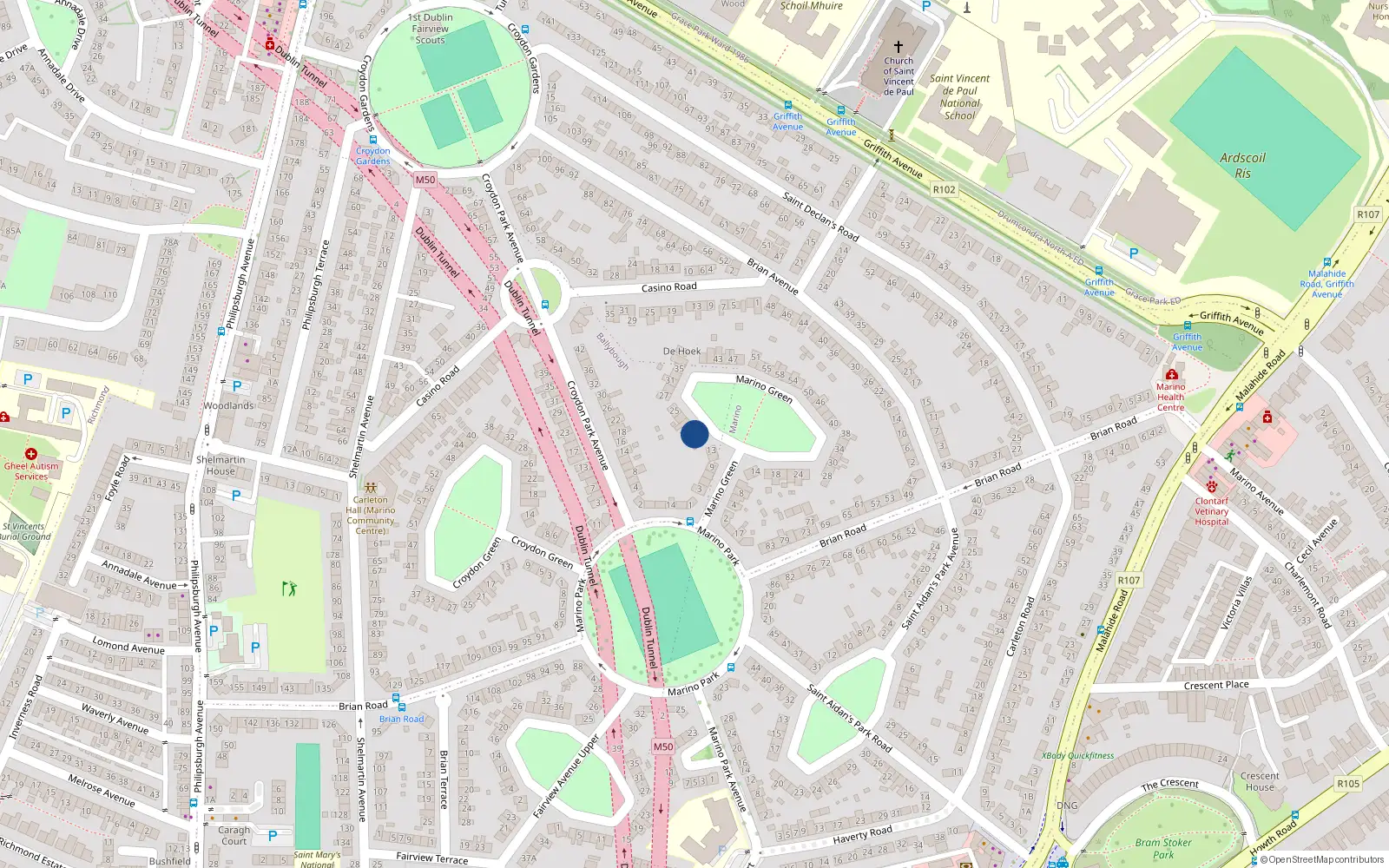 Overhead map showing the location of 17 Marino Green, Dublin 3