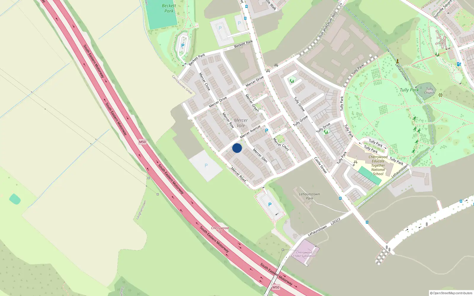 Overhead map showing the location of 17 Mercer Avenue, Laughanstown