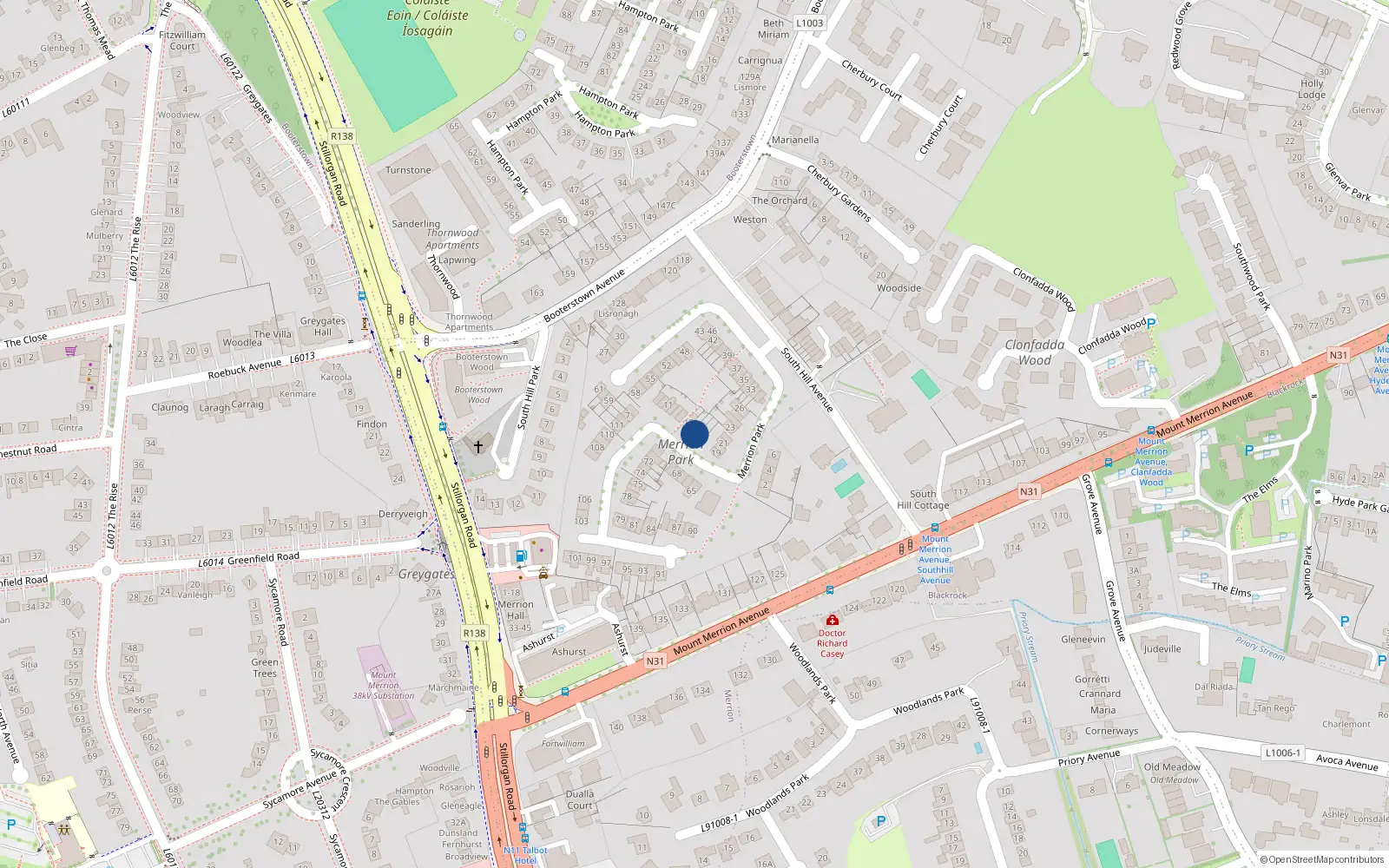 Overhead map showing the location of 17 Merrion Park, Blackrock