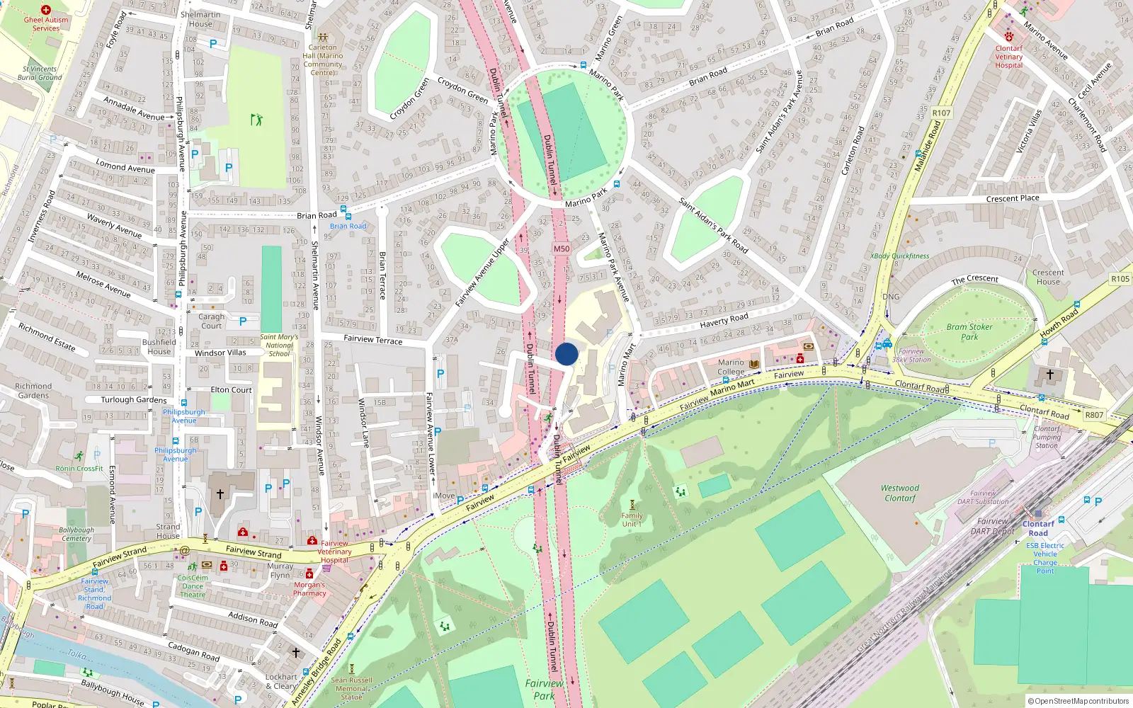 Overhead map showing the location of 17 Merville Avenue, Fairview, Dublin 3