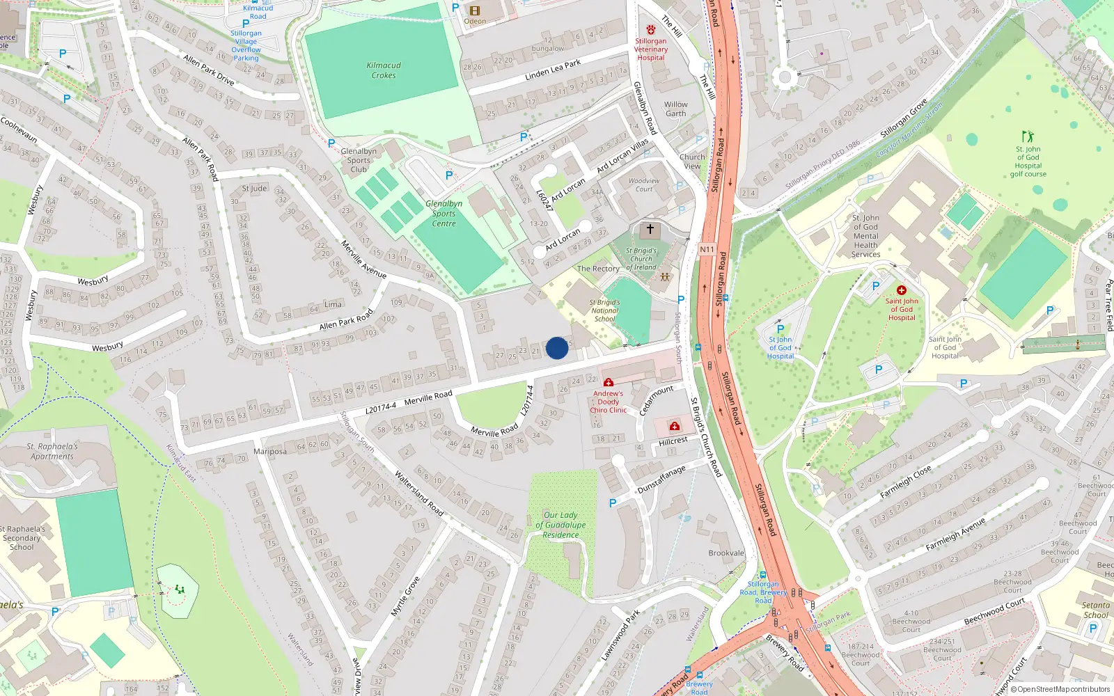 Overhead map showing the location of 17 Merville Road, Stillorgan, Dublin