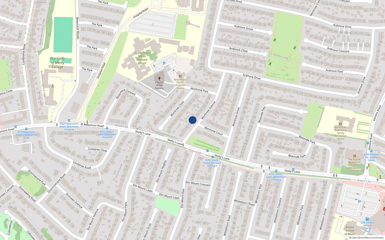 Overhead map showing the location of 17 Montrose Avenue, Beaumont, Dublin 5
