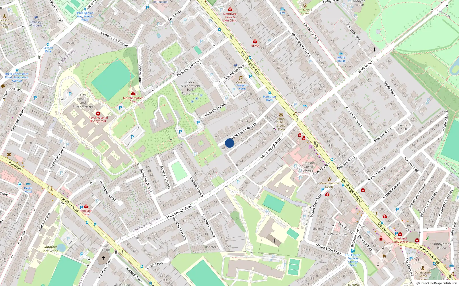 Overhead map showing the location of 17 Morehampton Terrace, Donnybrook