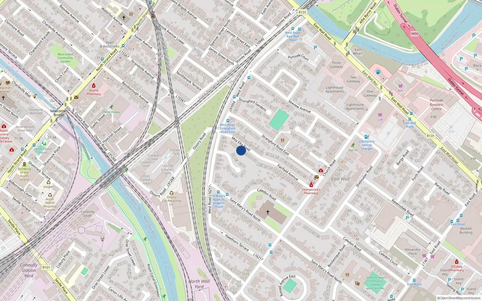 Overhead map showing the location of 17 Moy Elta Road, East Wall, Dublin 3