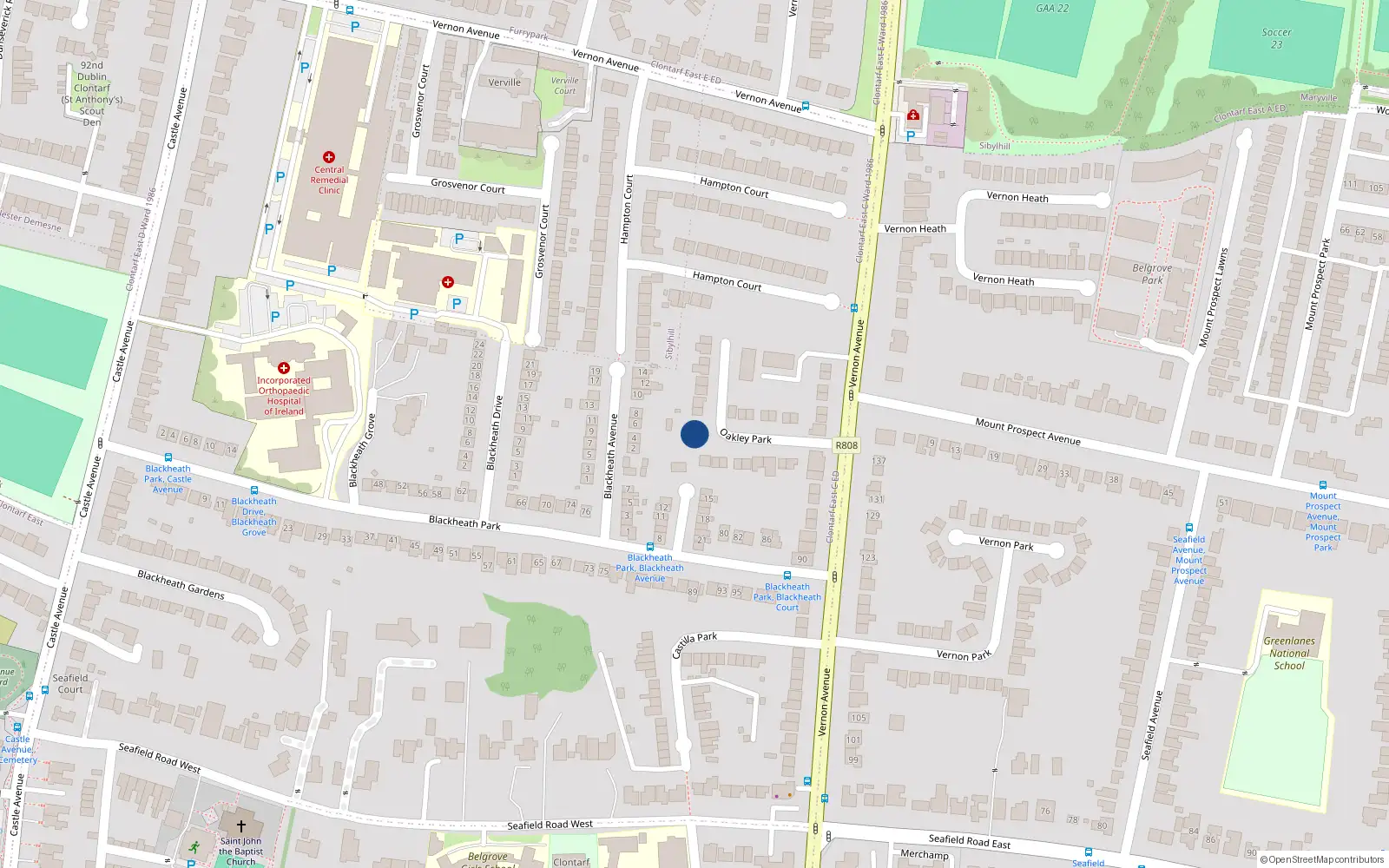 Overhead map showing the location of 17 Oakley Park, Clontarf, Dublin 3