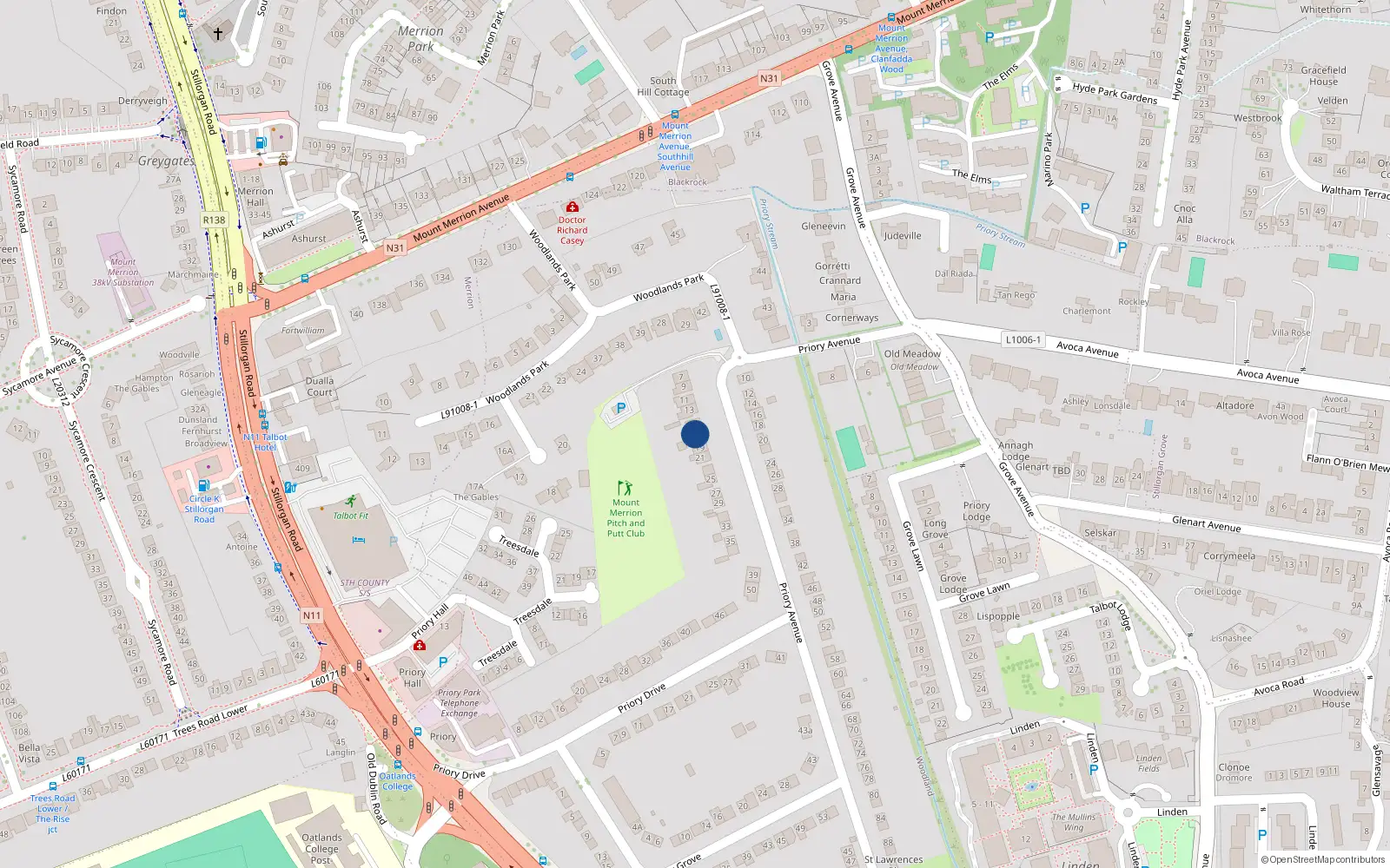 Overhead map showing the location of 17 Priory Avenue, Blackrock, Dublin