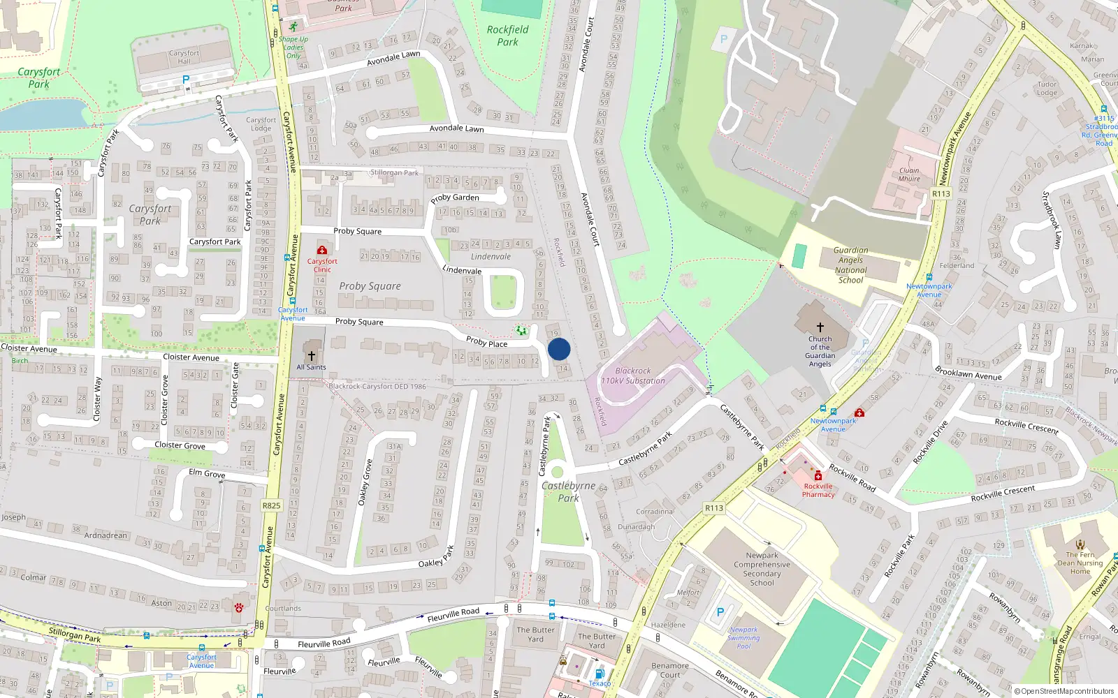 Overhead map showing the location of 17 Proby Place, Blackrock