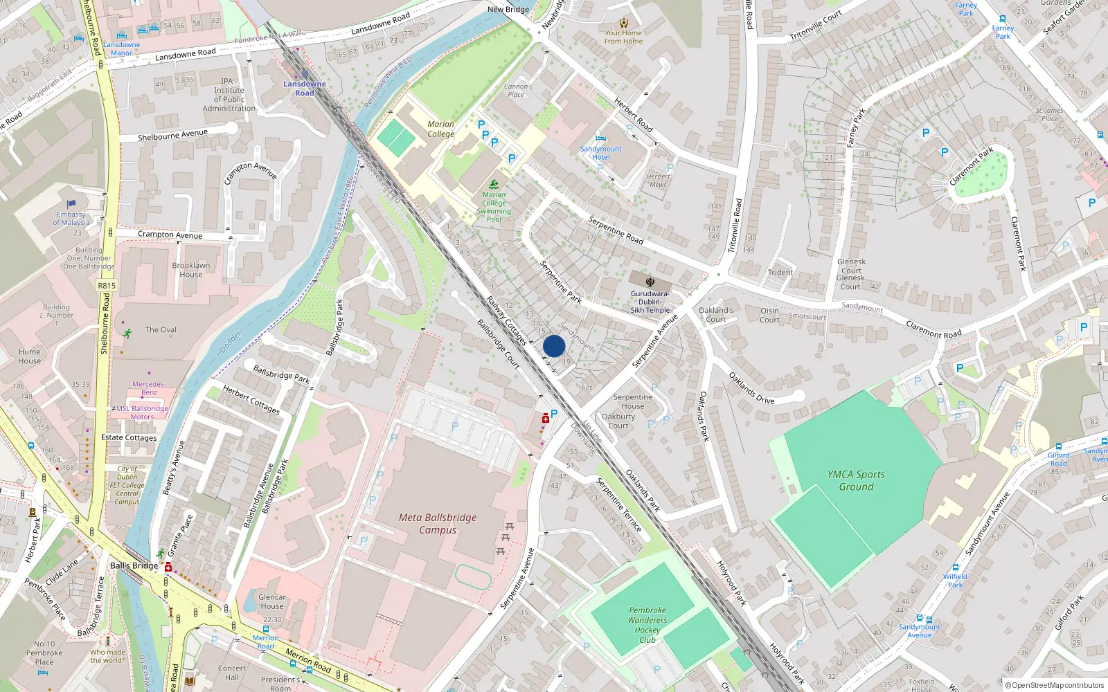 Overhead map showing the location of 17 Railway Cottages, Ballsbridge