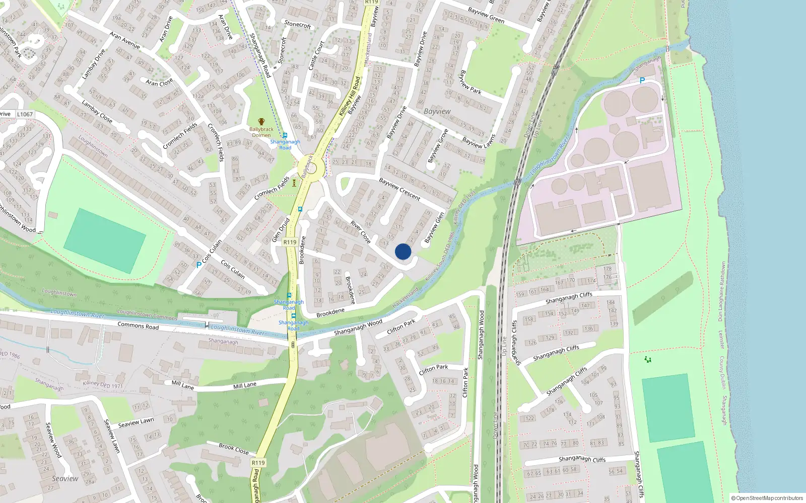 Overhead map showing the location of 17 River Close, Killiney