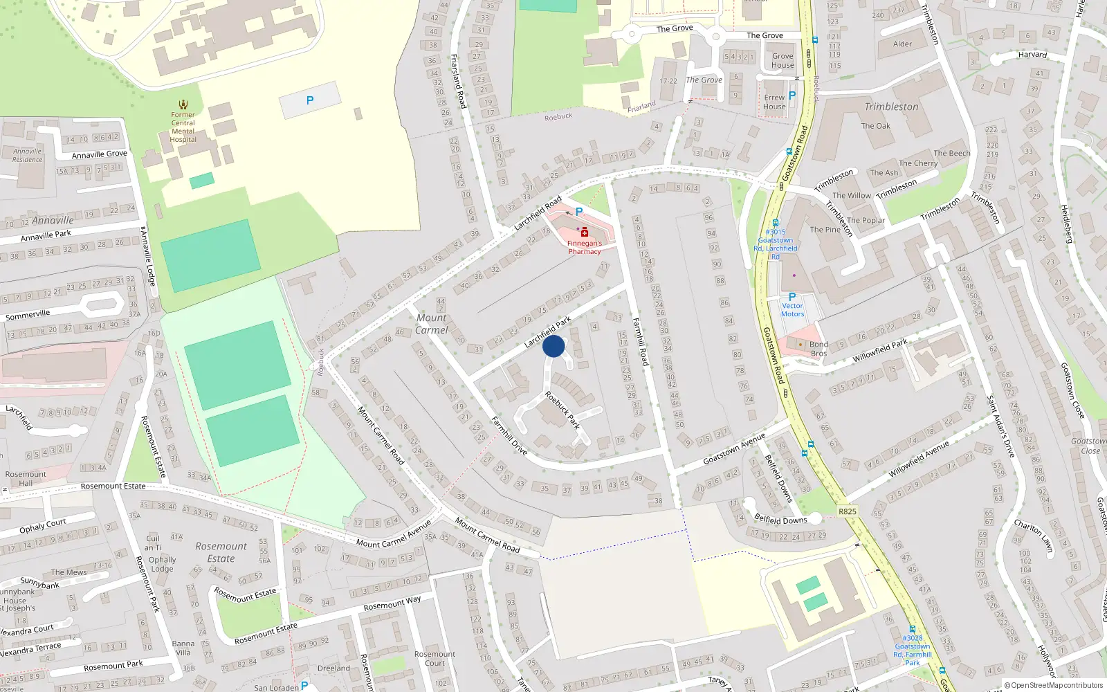 Overhead map showing the location of 17 Roebuck Park, Dublin
