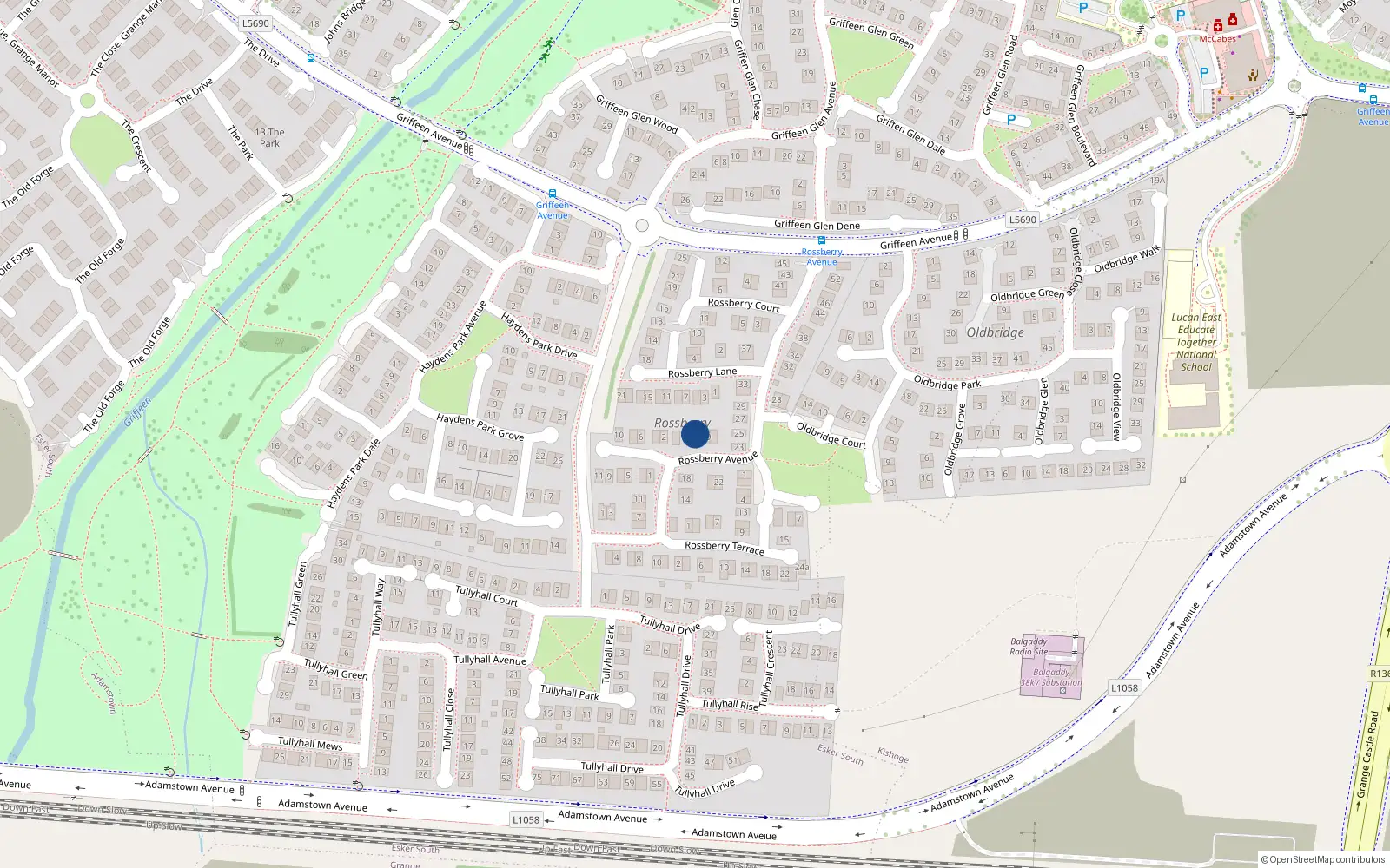 Overhead map showing the location of 17 Rossberry Avenue, Lucan