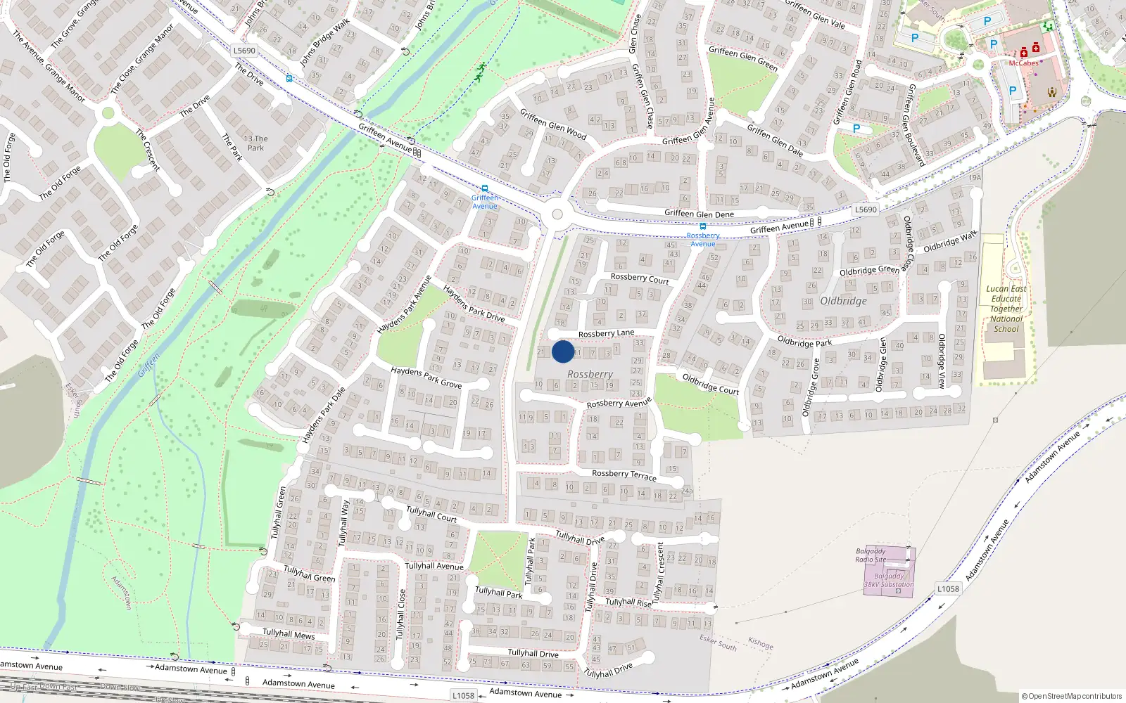 Overhead map showing the location of 17 Rossberry Lane, Lucan